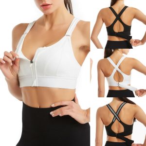 Front Zipper Sports Bras Workout Yoga Shock Proof Bra Tops - White L
