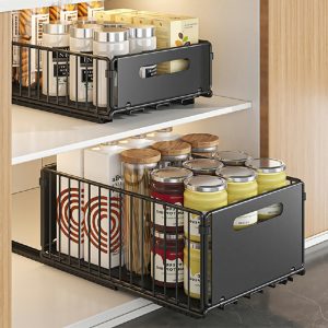 Pull Out Slide Drawer Organizer Tray Cabinet Rack Shelves for Kitchen - Black