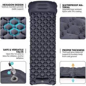 Integrated Foot Pump Portable Inflatable Camping Sleeping Mat with Pillow - Dark Blue