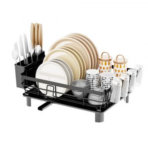 Dish Drying Rack Stainless Steel Dish Drainer with Drip Tray and Utensil Holder - Black