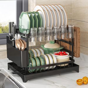 2 Tier Sink Dish Drainer Rack with Drip Tray Plate Rack Cutlery Holder for Kitchen - Black