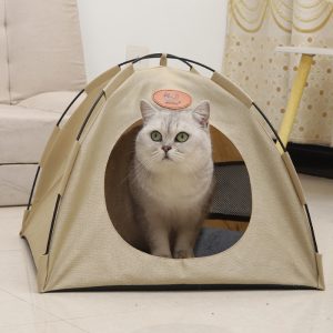 Pet Tent Cat Puppy Play Tent House with Warm Soft Bed Pad - Beige
